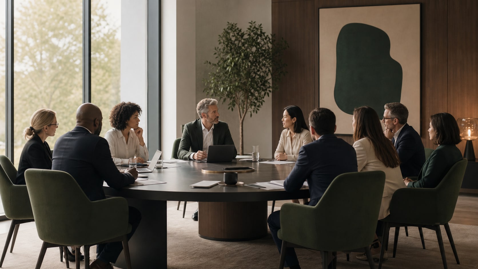 Executive leadership team discussing a complex group decision around a boardroom table