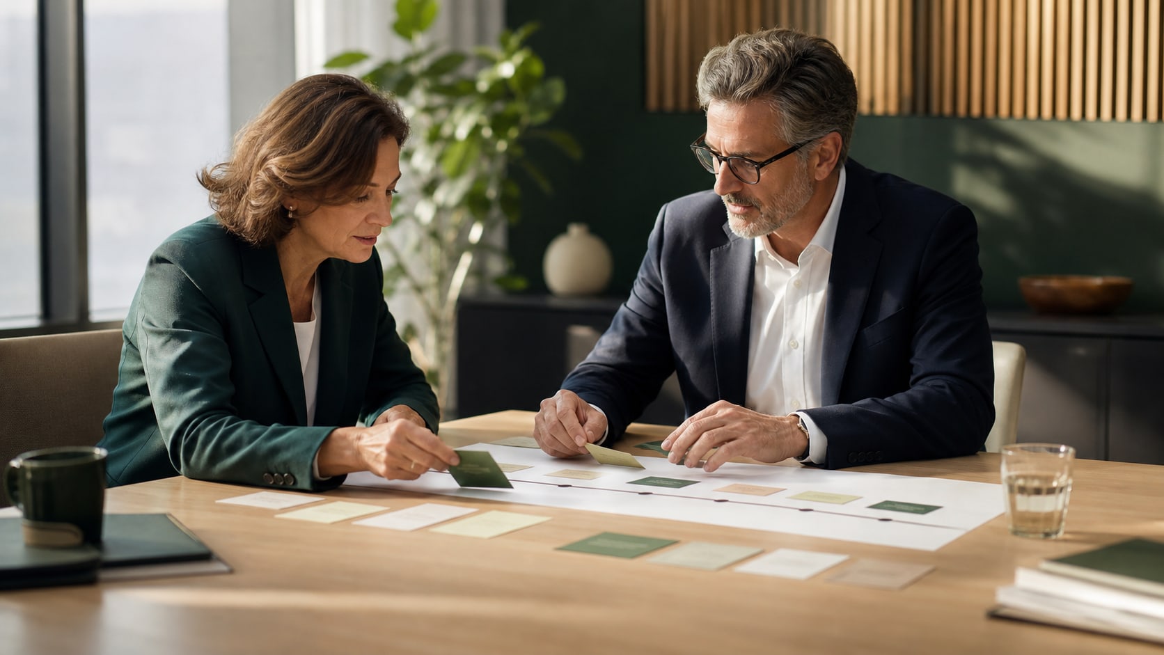 Two business leaders reviewing a project plan together