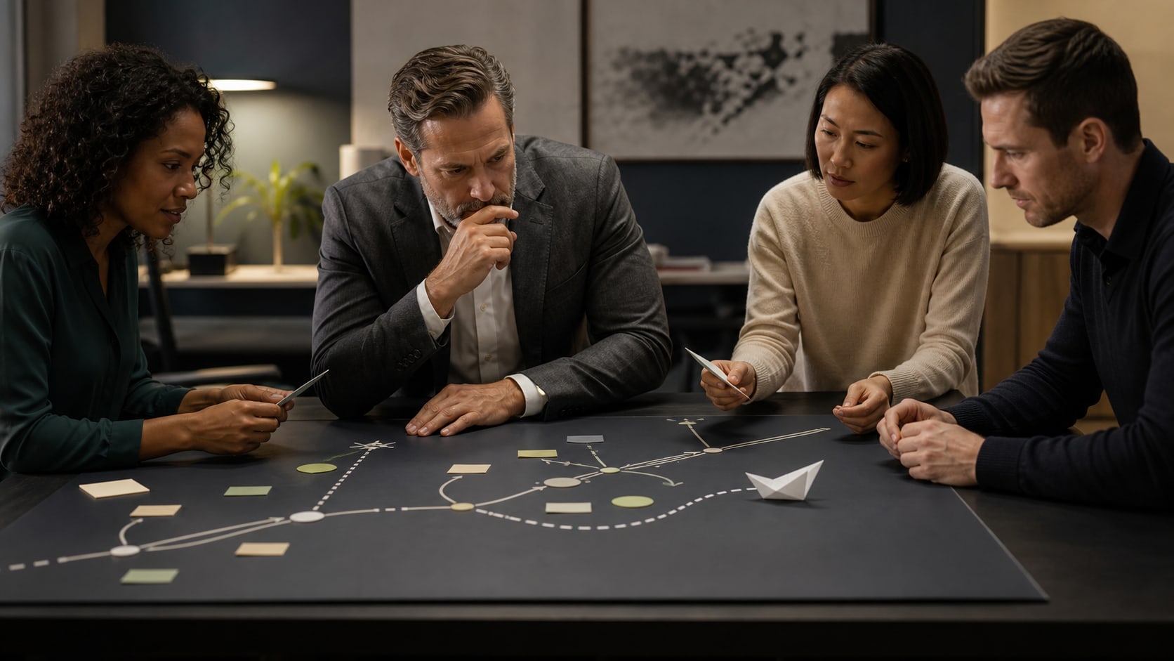 Leaders inspecting a diverging sales forecast path